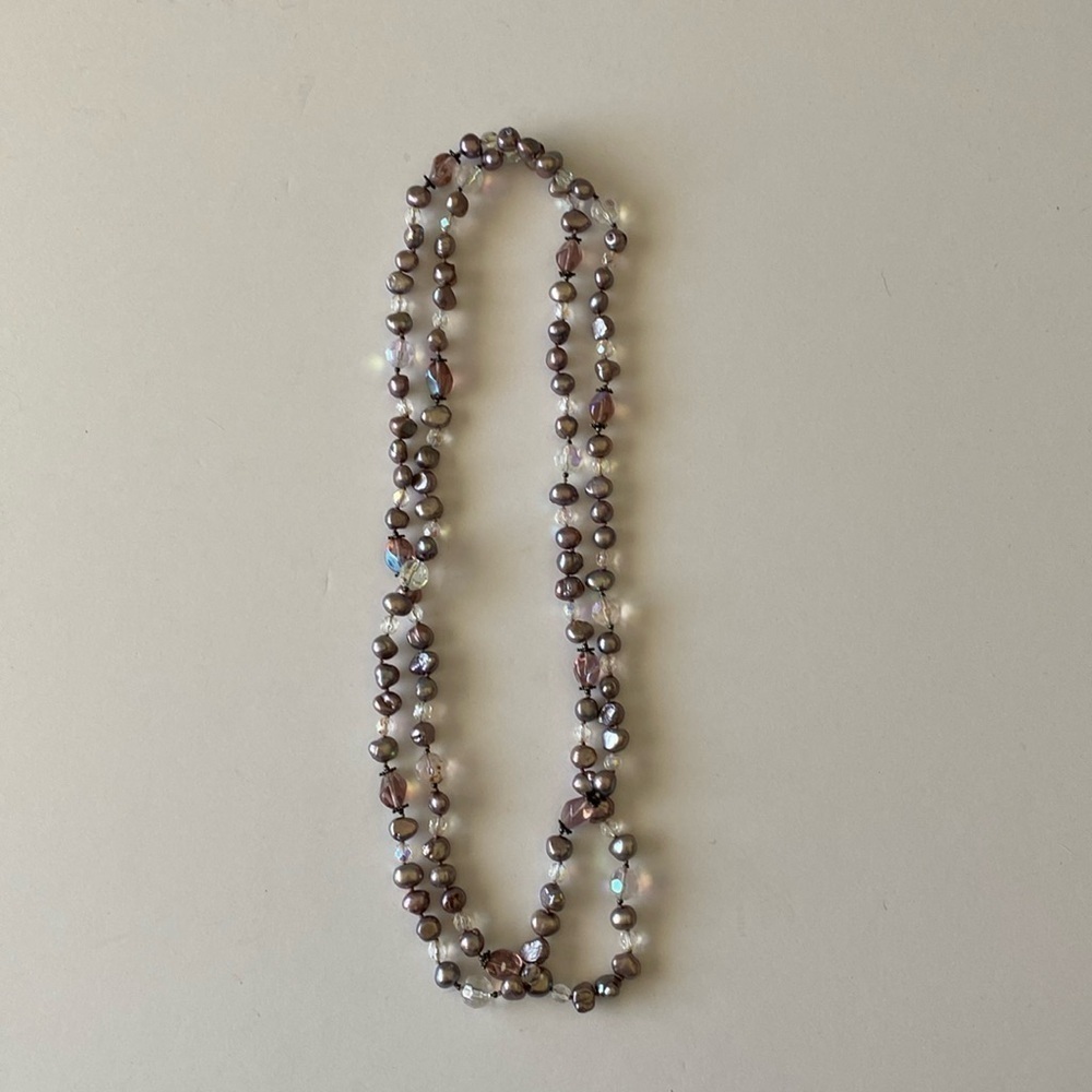 Freshwater Pearl glass bead necklace long mauve pink